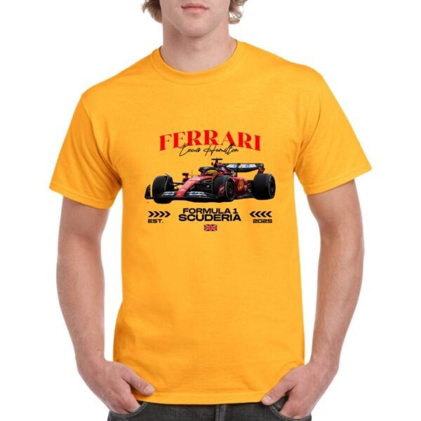 Camiseta algodón de color naranja personalizada con el Ferrari 2025 de Lewis Hamilton