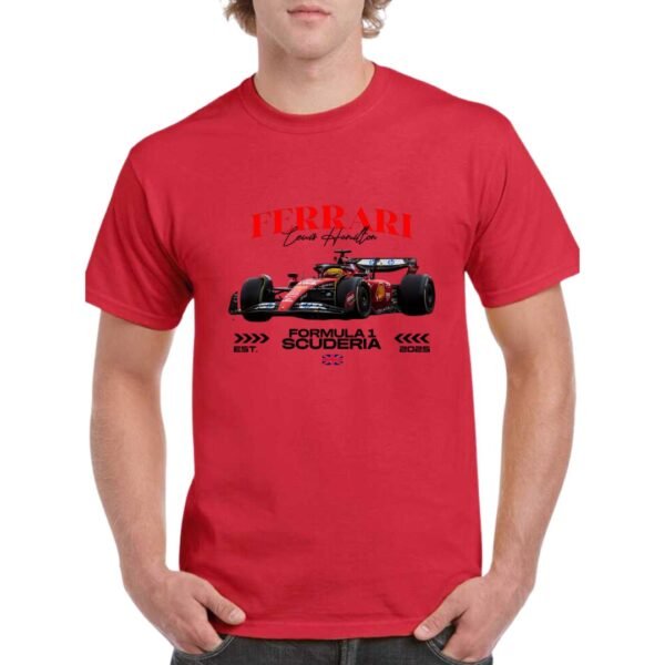Camiseta algodón de color rojo personalizada con el Ferrari 2025 de Lewis Hamilton