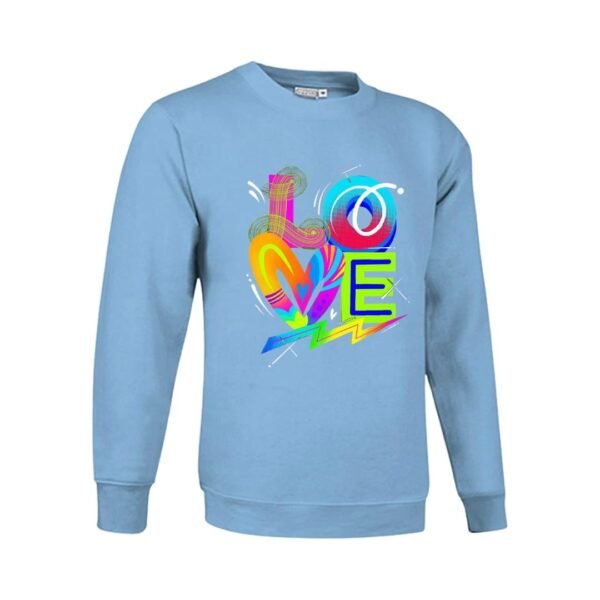 Sudadera clásica de color azul celeste personalizada con la palabra LOVE con un diseño super atractivo y colorido