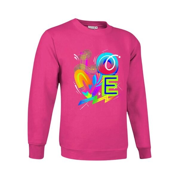 Sudadera clásica de color fucsia personalizada con la palabra LOVE con un diseño super atractivo y colorido