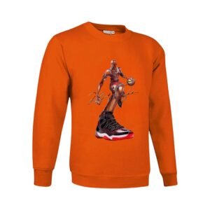 Sudadera clásica de color naranja personalizada con una ilustración del grandisimo MICHAEL JORDAN con sus famosas zapatillas NIKE Air Jordan