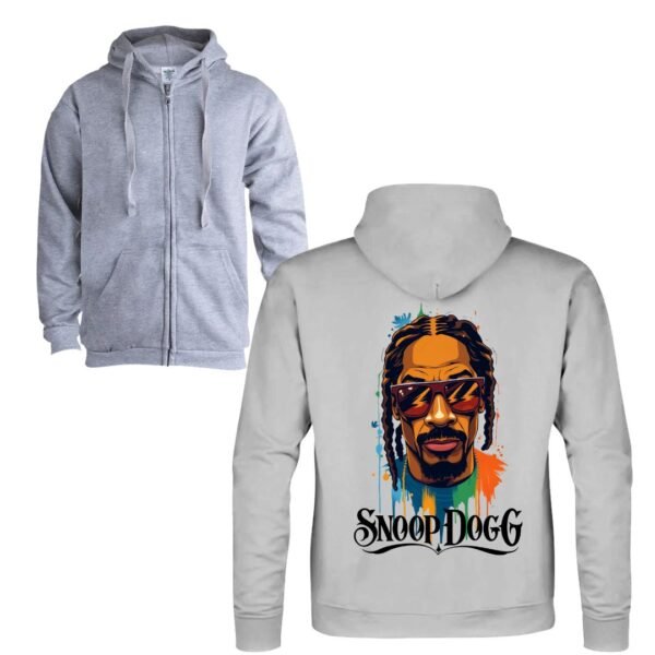 Sudadera con cremallera y capucha de color gris personalizada con el rostro del mundialmente conocido rapero estadounidense SNOOP DOGG