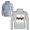 Sudadera unisex de color gris con cremallera frontal y capucha, personalizada con la frase WILD SOUL WILL NEVER DIE y la imagen de la mirada de un tigre