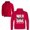 Sudadera unisex de color rojo con cremallera frontal y capucha, personalizada con la frase WILD SOUL WILL NEVER DIE y la imagen de la mirada de un tigre