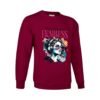 Sudadera clásica de color granate personalizada con una ilustracion grafica de una chica con unos auriculares y la frase "flawless and fearless" IMPECABLE Y VALIENTE