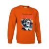 Sudadera clásica de color naranja personalizada con una ilustracion grafica de una chica con unos auriculares y la frase "flawless and fearless" IMPECABLE Y VALIENTE