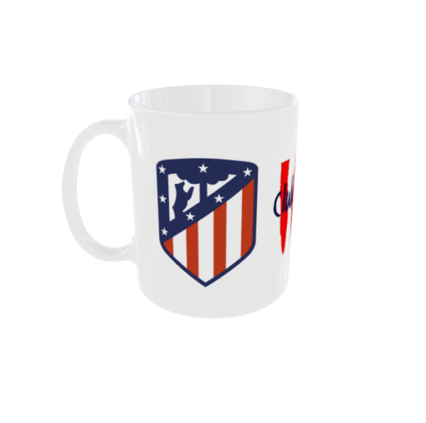 Taza blanca con diseño de escudo deportivo en rojo, blanco y azul del Club Atlético de Madrid sociedad anónima deportiva
