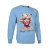 Sudadera unisex azul celeste con ilustración artística de una mujer rubia soplando una pompa de chicle rosa, MARILYN MONROE, con estilo de pintura salpicada y detalles modernos.