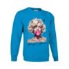 Sudadera unisex azul tropical con ilustración artística de una mujer rubia soplando una pompa de chicle rosa, MARILYN MONROE, con estilo de pintura salpicada y detalles modernos.