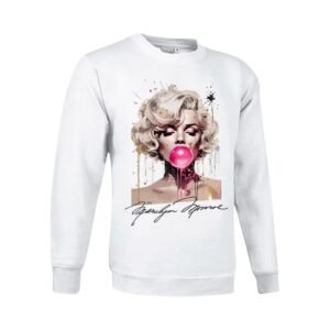 Sudadera unisex blanca con ilustración artística de una mujer rubia soplando una pompa de chicle rosa, MARILYN MONROE, con estilo de pintura salpicada y detalles modernos.