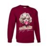 Sudadera unisex granate con ilustración artística de una mujer rubia soplando una pompa de chicle rosa, MARILYN MONROE, con estilo de pintura salpicada y detalles modernos.