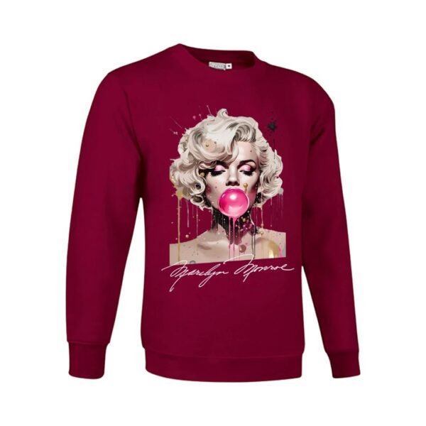 Sudadera unisex granate con ilustración artística de una mujer rubia soplando una pompa de chicle rosa, MARILYN MONROE, con estilo de pintura salpicada y detalles modernos.