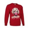 Sudadera unisex roja con ilustración artística de una mujer rubia soplando una pompa de chicle rosa, MARILYN MONROE, con estilo de pintura salpicada y detalles modernos.