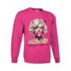 Sudadera unisex fucsia con ilustración artística de una mujer rubia soplando una pompa de chicle rosa, MARILYN MONROE, con estilo de pintura salpicada y detalles modernos.