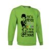 Sudadera verde pistacho con estampado en blanco y negro del personaje Charlot de Charlie Chaplin y una niña, con la frase inspiradora 'YOU'LL NEVER FIND A RAINBOW IF YOU'RE LOOKING DOWN' en colores del arcoíris