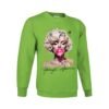 Sudadera unisex verde pistacho con ilustración artística de una mujer rubia soplando una pompa de chicle rosa, MARILYN MONROE, con estilo de pintura salpicada y detalles modernos.