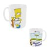 Taza cerámica personalizada de 11 oz con Bart Simpson vestido con la equipación del Real Madrid y la frase Felicidades Madridista