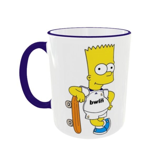 Taza cerámica personalizada de 11 oz con Bart Simpson vestido con la equipación del Real Madrid y la frase Felicidades Madridista
