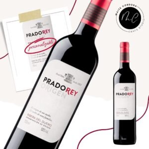 Botella de vino Prado Rey ORIGEN tinto roble con etiqueta personalizada con un nombre y apellidos y una fecha. Ideal para regalos muy personales...