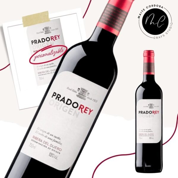 Botella de vino Prado Rey ORIGEN tinto roble con etiqueta personalizada con un nombre y apellidos y una fecha. Ideal para regalos muy personales...