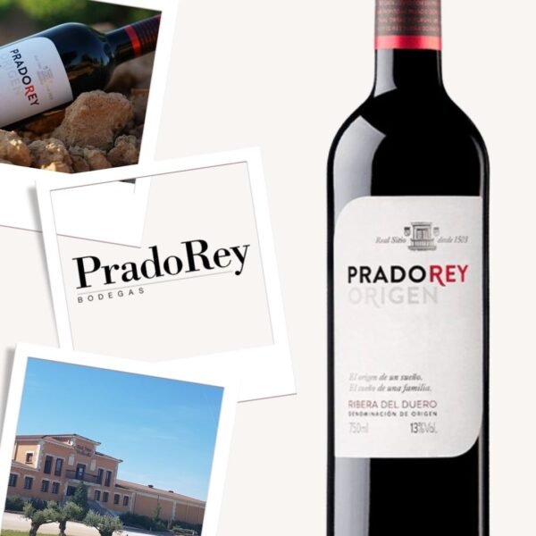 Botella de vino Prado Rey ORIGEN tinto roble de la denominación de origen RIBERA DEL DUERO, con logo y fotos de la bodega