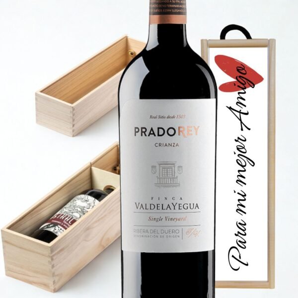 Botella de vino Ribera del Duero Prado Rey VALDELAYEGUA tinto crianza con etiqueta y caja de madera personalizada