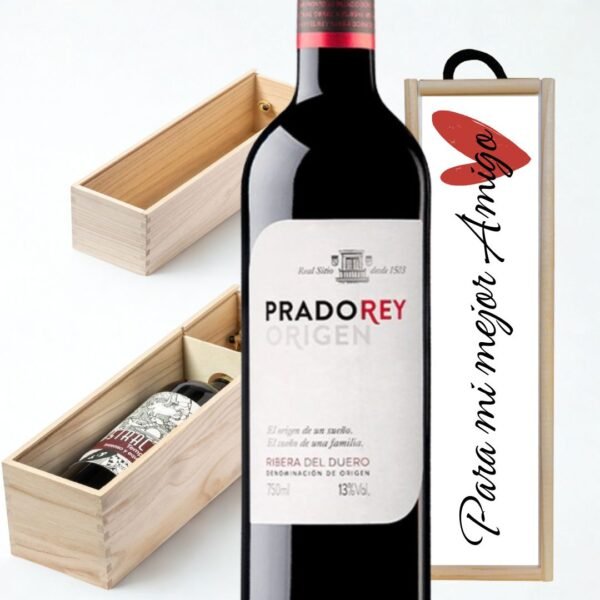 Botella de vino Ribera del Duero PRADO REY ORIGEN tinto roble con etiqueta y estuche de madera personalizados