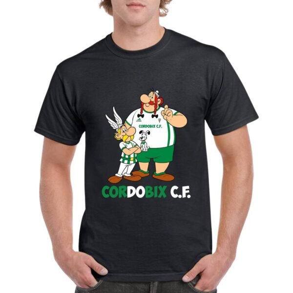 Camiseta de algodón con Asterix, Obelix e Idefix en equipación Cordobix C.F.