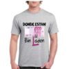 Camiseta unisex gris de algodón con diseño irónico del billete de 500 euros y el texto “Dónde están los Bin Laden”, camiseta personalizada disponible en varios colores y tallas