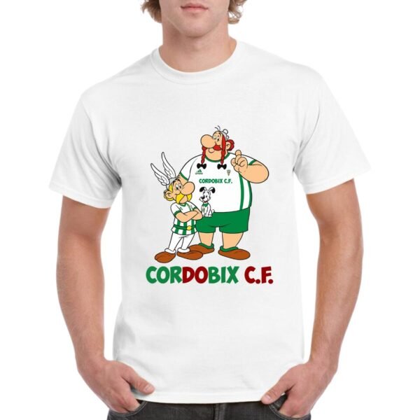 Camiseta de algodón con Asterix, Obelix e Idefix en equipación Cordobix C.F.