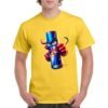 Camiseta unisex amarilla 100% algodón con ilustración colorida de una lata de Red Bull, diseño moderno y personalizable, impresión frontal o trasera