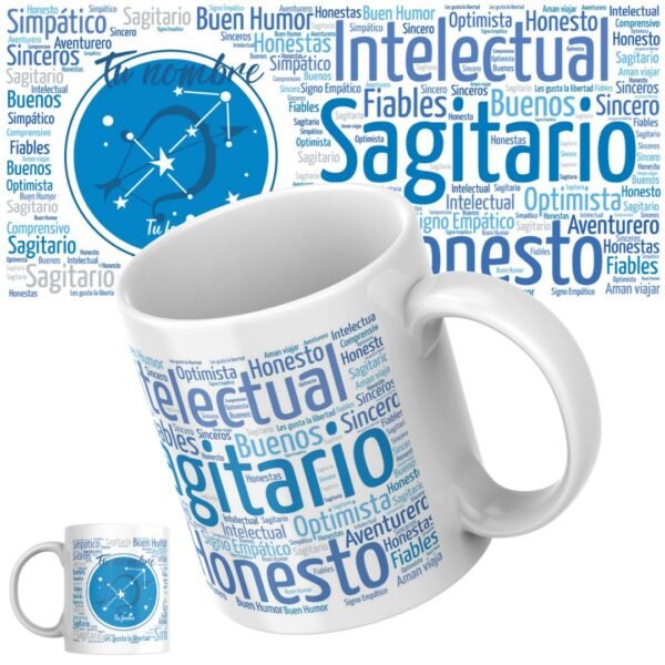 Taza de cerámica blanca de 11 onzas personalizada con el signo del Zodiaco Sagitario, ilustrada con palabras que representan sus virtudes y personalidad, como humanitario, leal, idealista y brillante, con nombre y fecha de nacimiento personalizables.