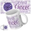 Taza de cerámica blanca de 11 onzas personalizada con el signo del Zodiaco Cancer, ilustrada con palabras que representan sus virtudes y personalidad, como humanitario, leal, idealista y brillante, con nombre y fecha de nacimiento personalizables.