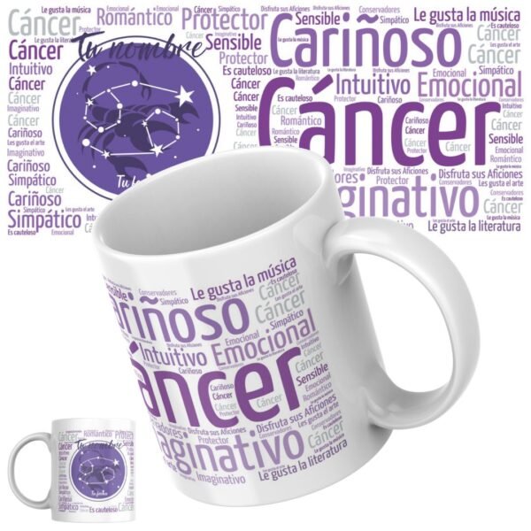Taza de cerámica blanca de 11 onzas personalizada con el signo del Zodiaco Cancer, ilustrada con palabras que representan sus virtudes y personalidad, como humanitario, leal, idealista y brillante, con nombre y fecha de nacimiento personalizables.