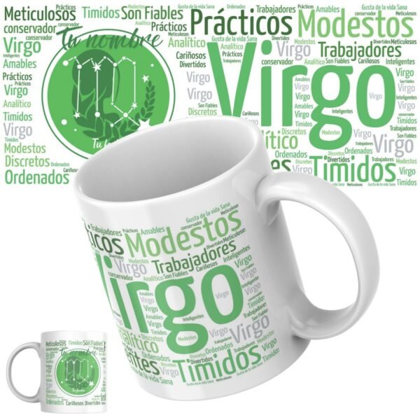 Taza de cerámica blanca de 11 onzas personalizada con el signo del Zodiaco Virgo, ilustrada con palabras que representan sus virtudes y personalidad, como humanitario, leal, idealista y brillante, con nombre y fecha de nacimiento personalizables.