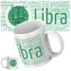 Taza de cerámica blanca de 11 onzas personalizada con el signo del Zodiaco Libra, ilustrada con palabras que representan sus virtudes y personalidad, como humanitario, leal, idealista y brillante, con nombre y fecha de nacimiento personalizables.