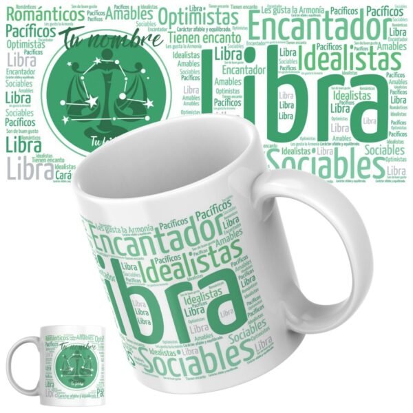 Taza de cerámica blanca de 11 onzas personalizada con el signo del Zodiaco Libra, ilustrada con palabras que representan sus virtudes y personalidad, como humanitario, leal, idealista y brillante, con nombre y fecha de nacimiento personalizables.