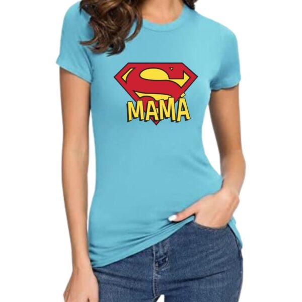 Camiseta mujer azul celeste Super Mamá personalizada con logo estilo superhéroe, regalo original para el Día de la Madre