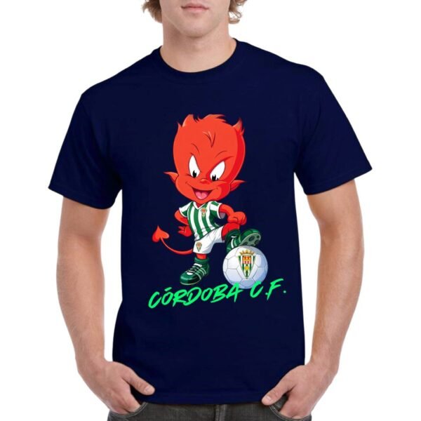 Camiseta algodón de color azul marino personalizada con el último fichaje del CORDOBA C.F. Salmorejito, un diablillo cordobes que hace diabluras.