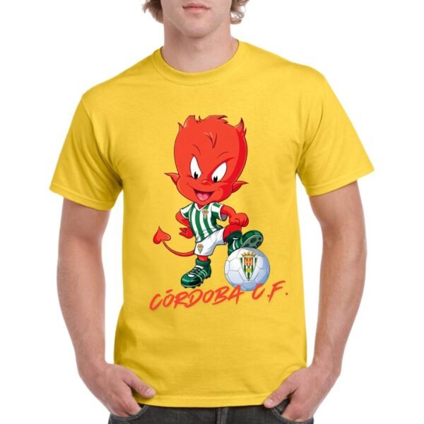 Camiseta algodón de color amarillo personalizada con el último fichaje del CORDOBA C.F. Salmorejito, un diablillo cordobes que hace diabluras.