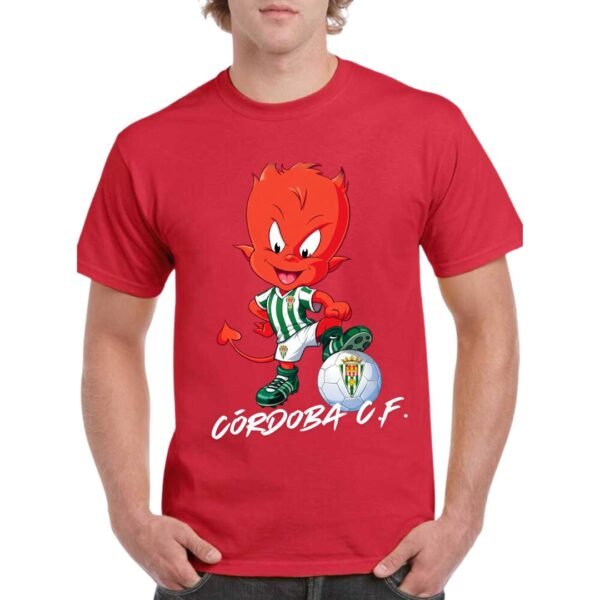 Camiseta algodón de color rojo personalizada con el último fichaje del CORDOBA C.F. Salmorejito, un diablillo cordobes que hace diabluras.