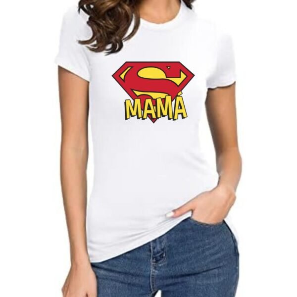 Camiseta mujer blanca Super Mamá personalizada con logo estilo superhéroe, regalo original para el Día de la Madre