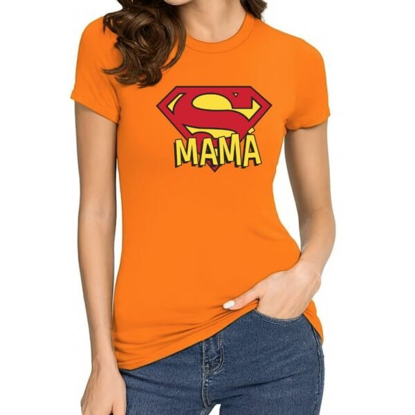 Camiseta mujer naranja Super Mamá personalizada con logo estilo superhéroe, regalo original para el Día de la Madre