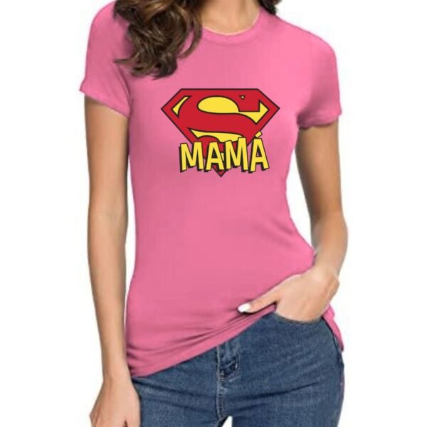 Camiseta mujer rosa Super Mamá personalizada con logo estilo superhéroe, regalo original para el Día de la Madre