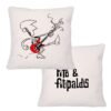 Cojín cuadrado de lino con ilustración minimalista de Fito Cabrales tocando una guitarra eléctrica roja y, en la parte trasera, texto “Fito & Fitipaldis”, diseño moderno para decoración musical.