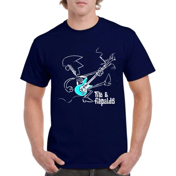 Camiseta azul marino con ilustración estilo caricatura de Fito Cabrales tocando guitarra eléctrica azul y texto “Fito & Fitipaldis” en color azul.