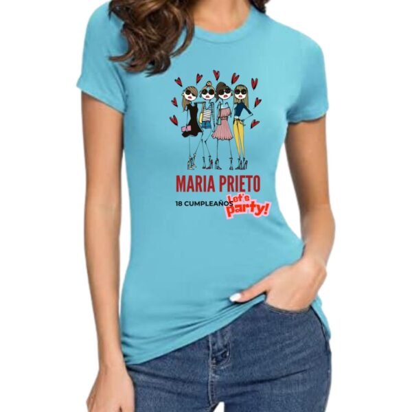 Camiseta de cumpleaños personalizada para grupo de amigas con ilustración fashion, camiseta azul celeste de algodón con nombre y edad personalizados, perfecta para celebrar cumpleaños y despedidas.