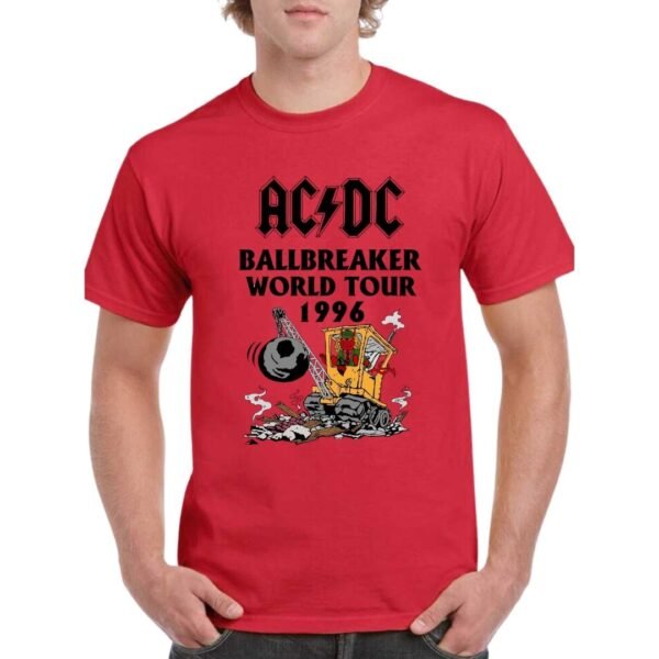 Camiseta AC/DC Ballbreaker World Tour 1996 unisex roja con diseño rock clásico y estampado frontal