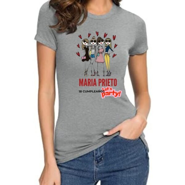 Camiseta de cumpleaños personalizada para grupo de amigas con ilustración fashion, camiseta gris de algodón con nombre y edad personalizados, perfecta para celebrar cumpleaños y despedidas.