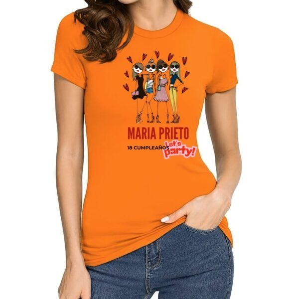 Camiseta de cumpleaños personalizada para grupo de amigas con ilustración fashion, camiseta naranja de algodón con nombre y edad personalizados, perfecta para celebrar cumpleaños y despedidas.